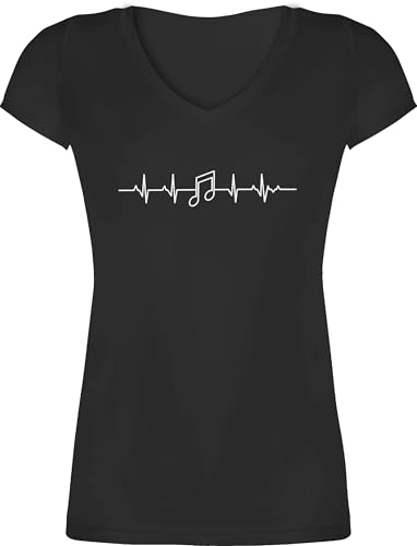 T-Shirt Damen V Ausschnitt - Symbol und Zeichen Outfit - Herzschlag Musik Note EKG Linie I Herzlinie Geschenk Musikliebhaber - XL - Schwarz - t Shirts Noten Tshirt Music Shirt Musiker t-Shirts von Shirtracer