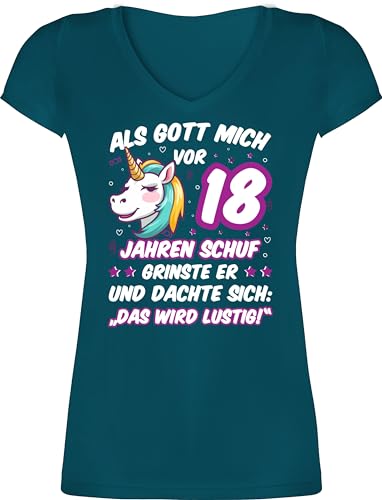 T-Shirt Damen V Ausschnitt - 18. Geburtstag - Als Gott Mich vor 18 Jahren Schuf grinste er - Einhorn Einhornkopf - XS - Türkis - zum 18: Geb 18.jähriges 18jährigen Geburtstagsgeschenk Jahre von Shirtracer