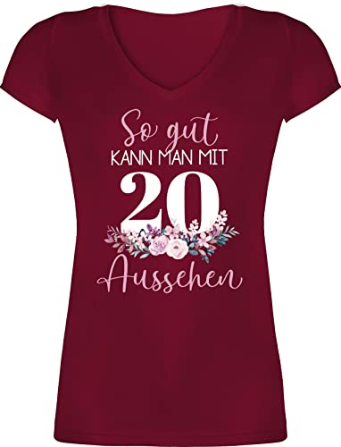 T-Shirt Damen V Ausschnitt - 20. Geburtstag - So gut kann Man mit 20 Aussehen - Blumenar"Ran"ge"Ment zum Zwanzigsten - Altrosa weiß - XL - Bordeauxrot - 20er Jahre Happy Birthday jährigen von Shirtracer