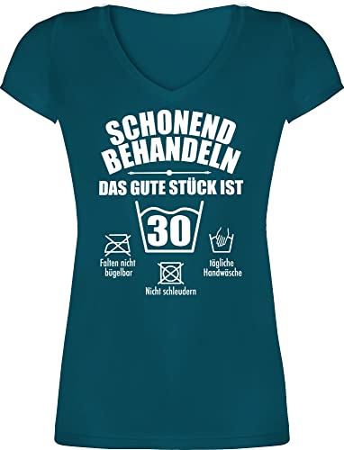 T-Shirt Damen V Ausschnitt - 30. Geburtstag - Schonend behandeln das Gute Stück ist dreißig - weiß - XS - Türkis - Shirt Frauen 30 Tshirt (30) t-schirt Outfit Frau 30ten tischirt. 30.Geburstag von Shirtracer