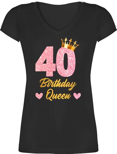 T-Shirt Damen V Ausschnitt - 40. Geburtstag - 40 Birthday Queen Geburtstags Königin Geburtstagsgeschenk 40 - S - Schwarz - Tshirt Geburtstagskind 40er Shirt Frau 40.Geburtstag Frauen t Jahre 40-er von Shirtracer