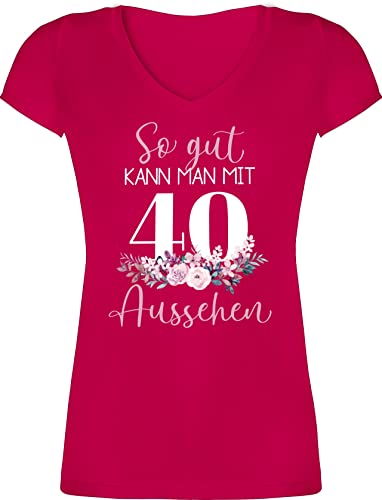 T-Shirt Damen V Ausschnitt - 40. Geburtstag - So gut kann Man mit 40 Aussehen - Blumenar"Ran"ge"Ment zum Vierzigsten - Altrosa weiß - M - Fuchsia - Jahre Geburstag 40-er geburtag 40iger 40ger von Shirtracer