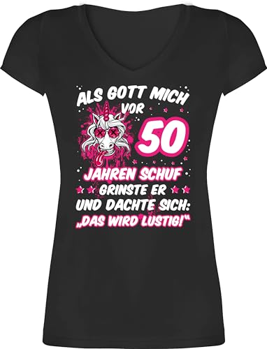 T-Shirt Damen V Ausschnitt - 50. Geburtstag - Als Gott Mich vor 50 Jahren Schuf grinste er - Verrücktes lustiges Einhorn - S - Schwarz - lustige t-Shirts für Frauen zum Tshirt 50er 50.Geburtstag von Shirtracer