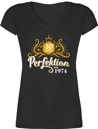 T-Shirt Damen V Ausschnitt - 50. Geburtstag - Fünfzig Jahre Perfektion 1974 - XXL - Schwarz - 50 jähriger Tshirt Frauen zum Frau für Shirt 50ter 50ster Geburtstag, 50er Years fünfzigster von Shirtracer