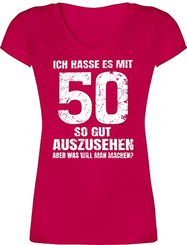 T-Shirt Damen V Ausschnitt - 50. Geburtstag - Ich Hasse es mit fünfzig so gut auszusehen Aber was Will Man Machen? weiß - L - Fuchsia - Tshirt zum Frau 50 er Geschenk 50ig geburtstagsshirt 50zig von Shirtracer