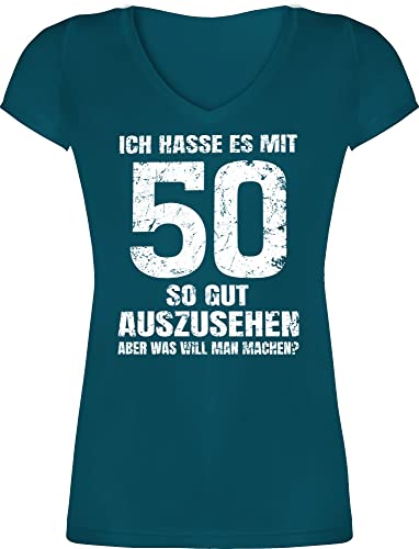 T-Shirt Damen V Ausschnitt - 50. Geburtstag - Ich Hasse es mit fünfzig so gut auszusehen Aber was Will Man Machen? weiß - XS - Türkis - damenshirts 50 t Shirt 50iger Tshirt Frauen von Shirtracer