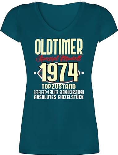 T-Shirt Damen V Ausschnitt - 50. Geburtstag - Oldtimer Spezial Modell 1974 Fünfzigster - L - Türkis - 50 t Shirt 50ter Tshirt Frauen Birthday zum fünfzigsten Shirts Frau Spruch fuffzig Neck von Shirtracer