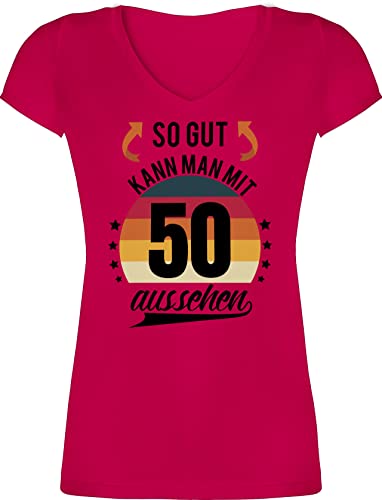 T-Shirt Damen V Ausschnitt - 50. Geburtstag - So gut kann Man mit 50 Aussehen - Retro Sonne - schwarz - S - Fuchsia - Shirt 50ger Tshirt Frau Spruch 50zigster t zum fünfzigster Frauen Geschenk von Shirtracer