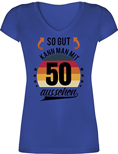 T-Shirt Damen V Ausschnitt - 50. Geburtstag - So gut kann Man mit 50 Aussehen - Retro Sonne - schwarz - XS - Blau - Geschenke zum 50ste Geburtstagsgeschenke Geschenk Geschenkartikel von Shirtracer