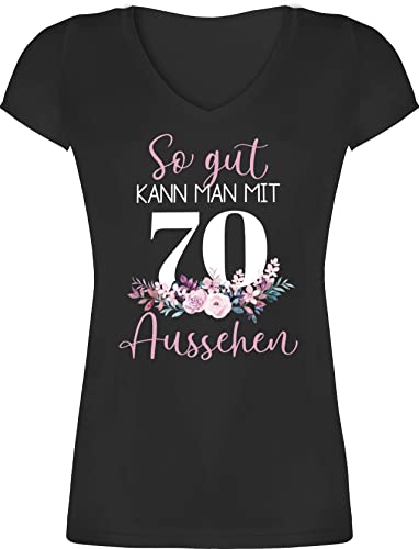 T-Shirt Damen V Ausschnitt - 70. Geburtstag - So gut kann Man mit 70 Aussehen - Blumenar"Ran"ge"Ment zum Siebzigsten - Altrosa weiß - L - Schwarz - 70ster Shirt für Frauen 70.Geburtstag 70ste von Shirtracer