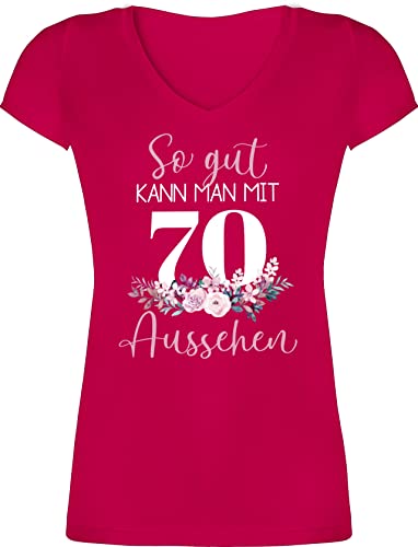 T-Shirt Damen V Ausschnitt - 70. Geburtstag - So gut kann Man mit 70 Aussehen - Blumenar"Ran"ge"Ment zum Siebzigsten - Altrosa weiß - S - Fuchsia - Jahre 70ste 70ster 70er 70.Geburtstag Shirt te von Shirtracer