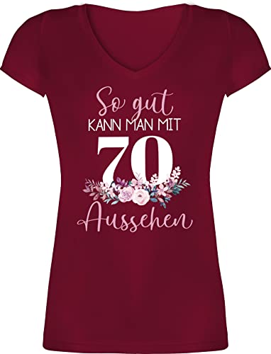 T-Shirt Damen V Ausschnitt - 70. Geburtstag - So gut kann Man mit 70 Aussehen - Blumenar"Ran"ge"Ment zum Siebzigsten - Altrosa weiß - XL - Bordeauxrot - 70ste Shirt 70.Geburtstag für Frauen von Shirtracer