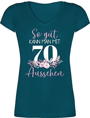 T-Shirt Damen V Ausschnitt - 70. Geburtstag - So gut kann Man mit 70 Aussehen - Blumenar"Ran"ge"Ment zum Siebzigsten - Altrosa weiß - XXL - Türkis - Shirt 70ster für Frauen 70ste Jahre te 70er von Shirtracer