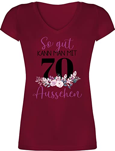 T-Shirt Damen V Ausschnitt - 70. Geburtstag - So gut kann Man mit 70 Aussehen - Blumenar"Ran"ge"Ment zum Siebzigsten - lila schwarz - L - Bordeauxrot - 70ste Tshirt 70ster 70.Geburtstag Jahre von Shirtracer