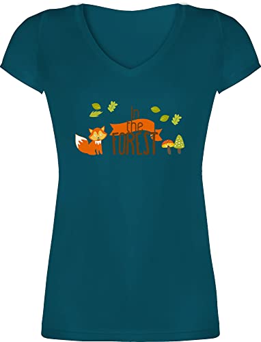 T-Shirt Damen V Ausschnitt - Dschungel Deko Wildnis - In The Forest Wald Fuchs - 3XL - Türkis - t Shirt im leiberl Tshirts t-schirts Oberteil Shirts Tshirt Neck für mit Schnitt enganliegend Frauen von Shirtracer