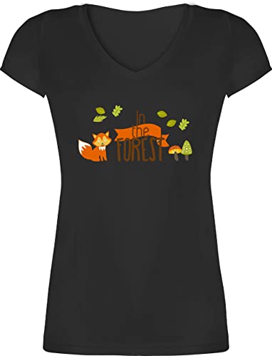 T-Shirt Damen V Ausschnitt - Dschungel Deko Wildnis - In The Forest Wald Fuchs - XL - Schwarz - t Shirts im Tshirt Tshirts t- Shirt Oberteil leiberl mit Neck enganliegend für Frauen Schnitt der von Shirtracer