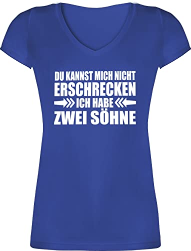 T-Shirt Damen V Ausschnitt - Du Kannst Mich Nicht erschrecken ich Habe Zwei Söhne | Geschenk von Söhne Papa Mama Eltern - XXL - Blau - muttertagsgeschenk Mum Mutter Shirt Mutter-t-Shirt mütter von Shirtracer