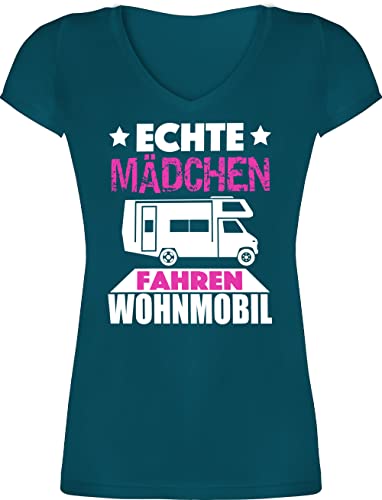 T-Shirt Damen V Ausschnitt - Fahrzeuge - Echte Mädchen Fahren Wohnmobil - M - Türkis - Shirts Frauen t Shirt Tshirt Frau t-Shirt v-Ausschnitt Kurzarm Tshirts für t-Shirts männertagsgeschenke von Shirtracer