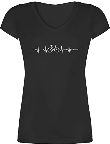 T-Shirt Damen V Ausschnitt - Fahrzeuge - Herzschlag Fahrrad I Rad Geschenke Mountainbiker Geschenk I Fahrradfahrer I - XS - Schwarz - fahrradoutfit Frauen männertagsgeschenke MTB Tshirt von Shirtracer