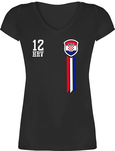 T-Shirt Damen V Ausschnitt - Fußball EM WM - 12. Mann Kroatien Fan-Shirt - XS - Schwarz - Trikot fußball-Fanartikel Europameisterschaft Croatia Shirt fußballtrikot Fussball Croatian Tshirt t von Shirtracer