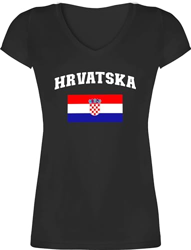 T-Shirt Damen V Ausschnitt - Fußball EM WM - Hrvatska Schriftzug mit Flagge Kroatien | Fussball Geschenk Weltmeisterschaft Fan Accessoires Europameisterschaft Croatia - L - Schwarz von Shirtracer