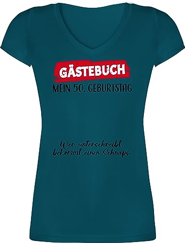 T-Shirt Damen V Ausschnitt - Gästebuch - 50. Geburtstag Gäste Unterschrift Gästeliste Lustig - M - Türkis - Tshirt Frauen 50 50igsten zum 50ziger Frau Geschenk 50ten von Shirtracer