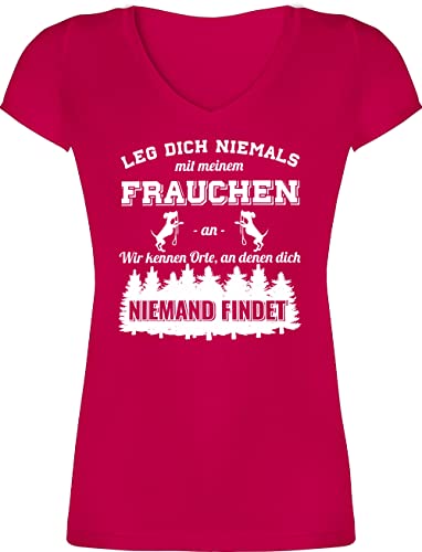 T-Shirt Damen V Ausschnitt - für - Leg Dich Niemals mit Meinem Frauchen an Hundebesizterin Hundebesitzer Geschenk Hundespruch Lustige Hunde - S - Fuchsia - Nicht Shirt Scherz Tshirt Hund sprüche von Shirtracer