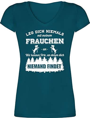 T-Shirt Damen V Ausschnitt - für - Leg Dich Niemals mit Meinem Frauchen an Hundebesizterin Hundebesitzer Geschenk Hundespruch Lustige Hunde - L - Türkis - hundeshirt Hunden Nicht unserem von Shirtracer