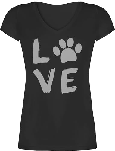 T-Shirt Damen V Ausschnitt - Geschenk für Hundebesitzer - Love Pfotenabdruck - XS - Schwarz - Shirt mit hundepfoten hundeshirts hundefan Pfote Tshirt Hundefans Dog paw Oberteil hundemotiv von Shirtracer