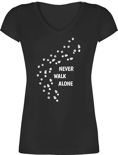 T-Shirt Damen V Ausschnitt - Geschenk für Hundebesitzer - Never Walk Alone Pfotenabdrücke - M - Schwarz - Geschenke Hundefreunde hundeshirts hundefan gassi Tshirt Hundefans Pfote t-Shirts von Shirtracer