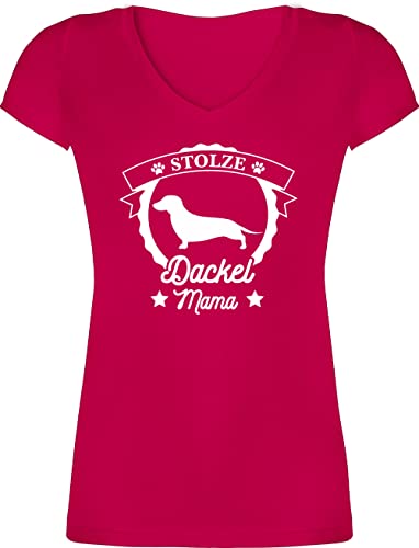 T-Shirt Damen V Ausschnitt - Geschenk für Hundebesitzer - Stolze Dackel Mama - L - Fuchsia - Hundefans Liebhaber t-Shirts sprüche Shirt Hund hundemotiv Spruch stolzer Tshirt hundemotive t Shirts von Shirtracer