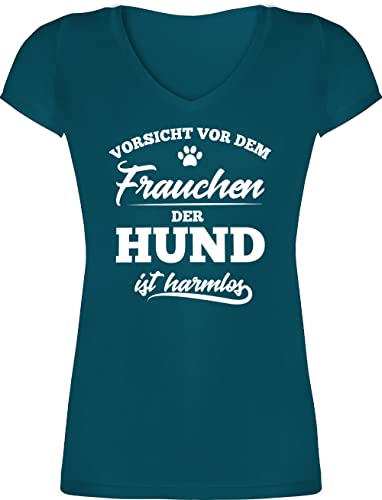 T-Shirt Damen V Ausschnitt - Geschenk für Hundebesitzer - Vorsicht vor dem Frauchen der Hund ist harmlos - L - Türkis - hundemotiv t Shirts hundespruch hundesprüche Tshirt Frauen hundemensch den von Shirtracer