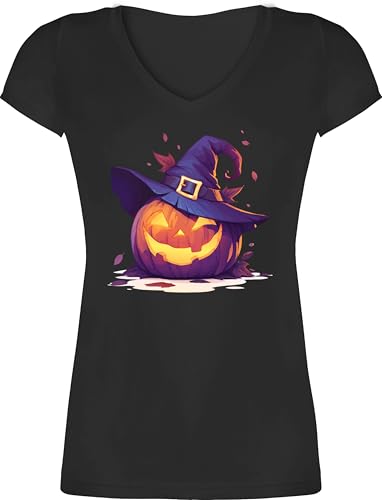 T-Shirt Damen V Ausschnitt - Gruseliger Kürbis | Gruselig Hexenkürbis | Gruselkürbis | Spooky Kürbis | Kürbisgesicht Halloween - M - Schwarz - grusel Tshirt Haloween Outfits kürbisgesichter von Shirtracer