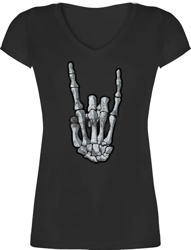 T-Shirt Damen V Ausschnitt - Heavy Musik Hard Rock - Metal Horns Skelett Hand - S - Schwarz - Tshirt Metalhead rockig Shirt Fans Rocker t-schirts skeletthand Shirts skellethand Tshirts Death von Shirtracer