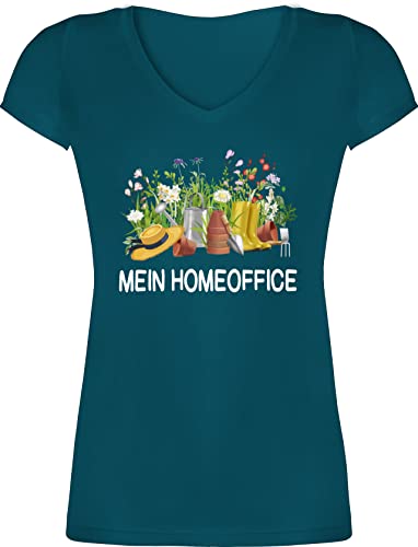 T-Shirt Damen V Ausschnitt - Hobby Outfit - Mein Homeoffice im Garten weiß - M - Türkis - Tshirt sprüche Garten- leiberl Shirts Shirt t-Shirts Frauen Tshirts t Frau von Shirtracer