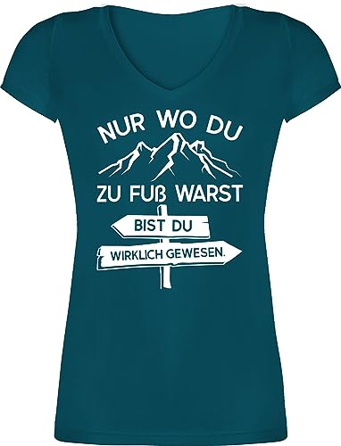 T-Shirt Damen V Ausschnitt - Hobby Outfit - Nur wo du zu Fuß warst bist Du wirklich gewesen - S - Türkis - Wander mit bergmotiv Fuss Tshirt Man war Frauen Shirt Shirts t-Shirts t Kurzarm von Shirtracer