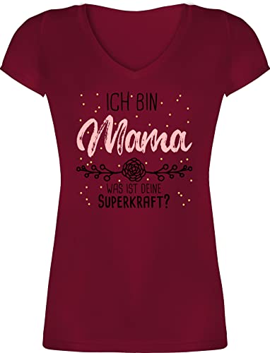 T-Shirt Damen V Ausschnitt - Ich Bin Mama was ist Deine Superkraft - Geschenk für Mama - S - Bordeauxrot - Fuer Mutter Shirts Muttertag 2024 Tshirt Geschenke t-Shirts schöne Tag Mutti Mommy Shirt von Shirtracer