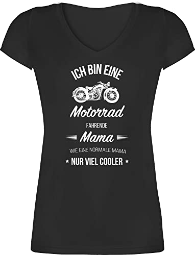 T-Shirt Damen V Ausschnitt - Ich Bin eine Motorrad fahrende Mama - XL - Schwarz - Muttertag Shirt Fuer Mutter Tshirt schöne Geschenke für 2024 Geschenk Mutti mom t Shirts Mum sprüche mütter mit von Shirtracer