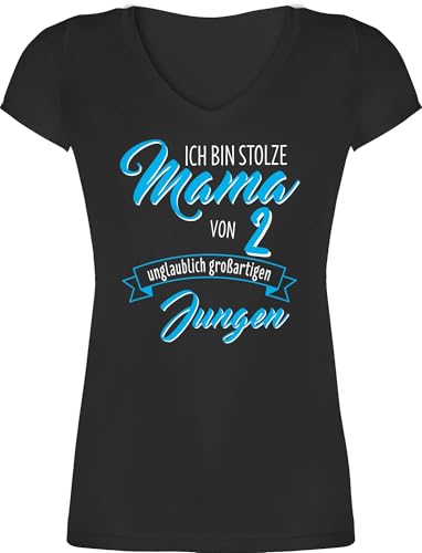 T-Shirt Damen V Ausschnitt - Ich Bin stolze Mama von 2 unglaublich großartigen Jungen - 3XL - Schwarz - muttertagsgeschenk Mum Jungs Tshirt Shirt Mutter mütter und Zwei söhne Shirts von Shirtracer