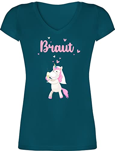 T-Shirt Damen V Ausschnitt - JGA Junggesellenabschied Frauen - Braut Einhorn - 3XL - Türkis - junggesellinnenabschied Tshirt Bridal Shower t Shirt Frau Trink Shirts jungesellinenabschied von Shirtracer