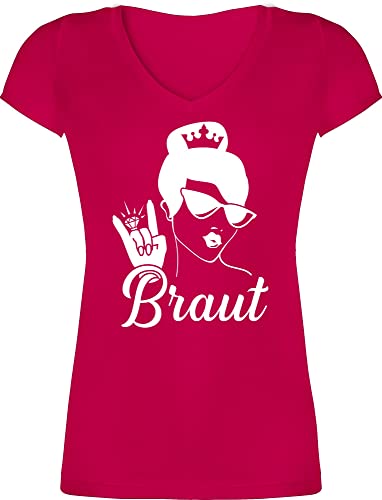 T-Shirt Damen V Ausschnitt - JGA Junggesellenabschied Frauen - Braut mit Ring weiß - 3XL - Fuchsia - junggesellen t - Shirt polterer junggessellinnenabschied Tshirt Frau Outfit junggesellinnen von Shirtracer