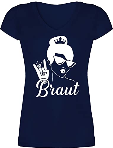 T-Shirt Damen V Ausschnitt - JGA Junggesellenabschied Frauen - Braut mit Ring weiß - M - Dunkelblau - poltern t Shirt Frau junggesellen Tshirt t-Shirts junggessellenabschied Auschnitt Outfit von Shirtracer