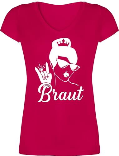T-Shirt Damen V Ausschnitt - Braut mit Ring I JGA Geschenk Junggesellinnenabschied I Junggesellenabschied Frauen I - M - Fuchsia - Shirt Silhouette jungesellinnenabschied Frau Outfit von Shirtracer