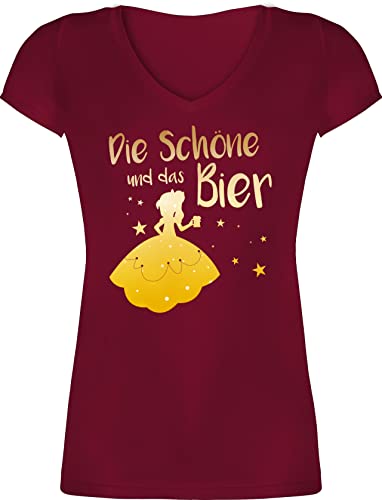 T-Shirt Damen V Ausschnitt - JGA Junggesellenabschied Frauen - Die Schöne und das Bier - XL - Bordeauxrot - jungesellinnenabschied Frau Tshirt Malle Polterabend polterer Shirts Shirt brautparty t von Shirtracer