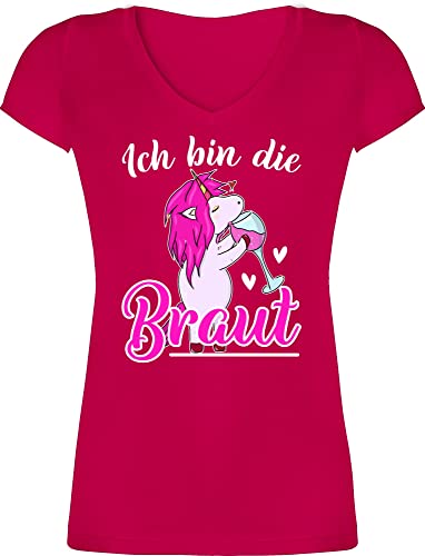 T-Shirt Damen V Ausschnitt - JGA Junggesellenabschied Frauen - Ich Bin die Braut - Einhorn weiß/Fuchsia - M - Fuchsia - t Shirt Polterabend poltern leiberl junggesellinnenabschied-Frauen-Tshirt- von Shirtracer