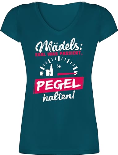 T-Shirt Damen V Ausschnitt - JGA Junggesellenabschied Frauen - Mädels: Egal was passiert, Pegel halten! - 3XL - Türkis - Shirt Party Tshirt tailliert jungegesellenabschied mädels auf Mallorca von Shirtracer