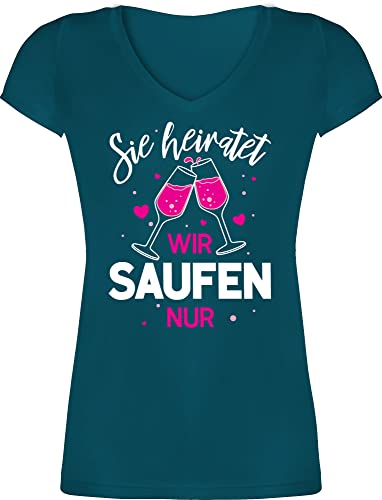 T-Shirt Damen V Ausschnitt - JGA Junggesellenabschied Frauen - Sie heiratet - Wir Saufen nur - 3XL - Türkis - utensilien junggesellinnenabschied Team Bride Shirts Shirt junggesellen Tshirts von Shirtracer