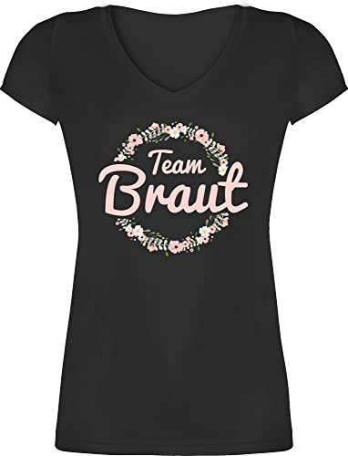 T-Shirt Damen V Ausschnitt - JGA Junggesellenabschied Frauen - Team Braut Blumenkranz - Crew - 3XL - Schwarz - poltern t Shirt Frau polter Shirts junggesellinnenabschied Outfit junggesellinnen von Shirtracer