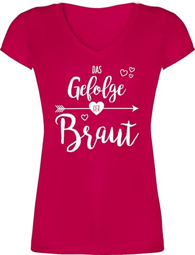 T-Shirt Damen V Ausschnitt - Junggesellenabschied Frauen - Das Gefolge der Braut I Brautgefolge JGA I Braut Gefolge Junggesellinnenabschied - L - Fuchsia - Shirt Polterabend von Shirtracer