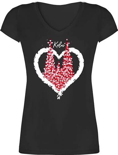 T-Shirt Damen V Ausschnitt - & Fasching - Kölner Dom Köln Rot Weiss Karneval I Kölle I Fastnacht I Fasnacht I Fasnet - XXL - Schwarz - Koeln t Shirt faschingsshirt Faschings un Shirts von Shirtracer